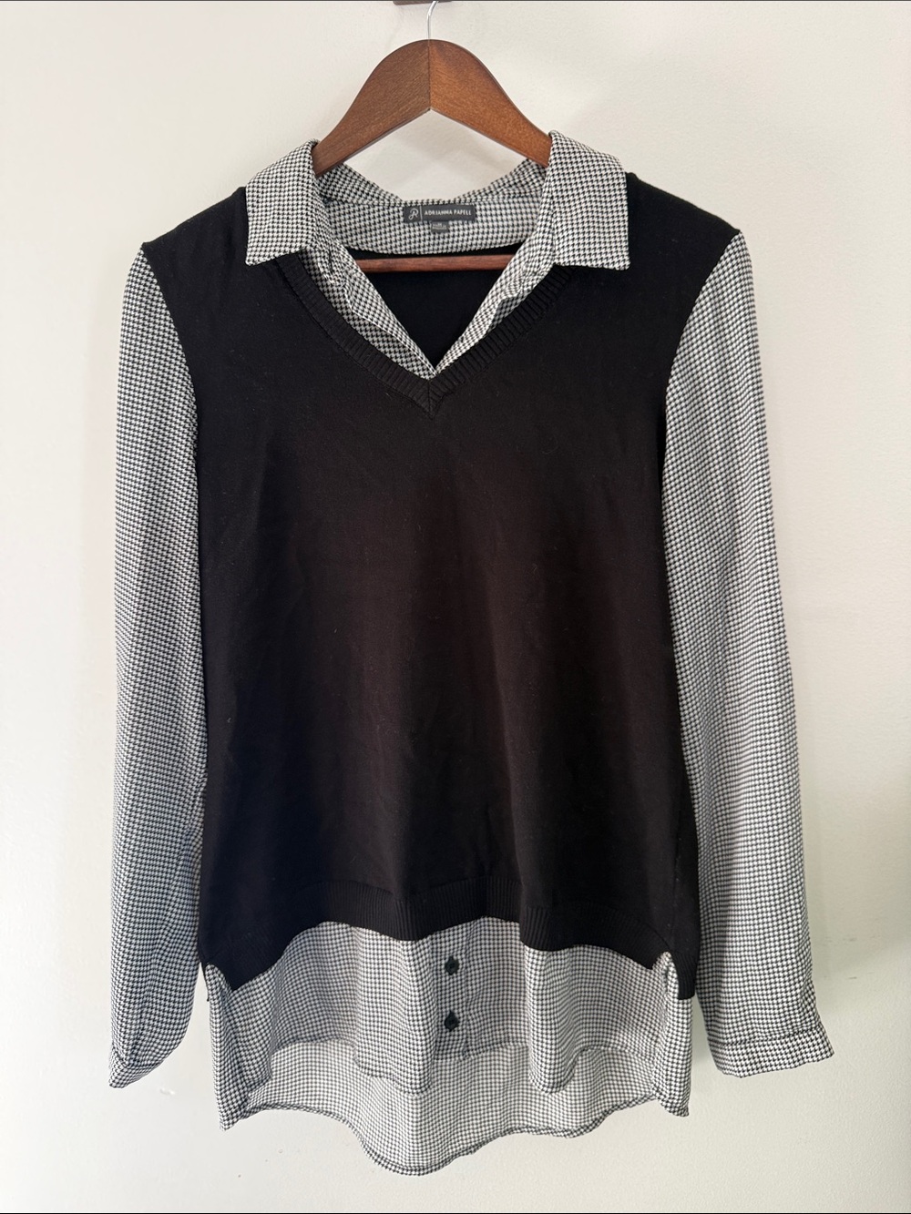 Adrianna Papell Black Pullover V-Neck with Black-and-White Check Shirt Detail